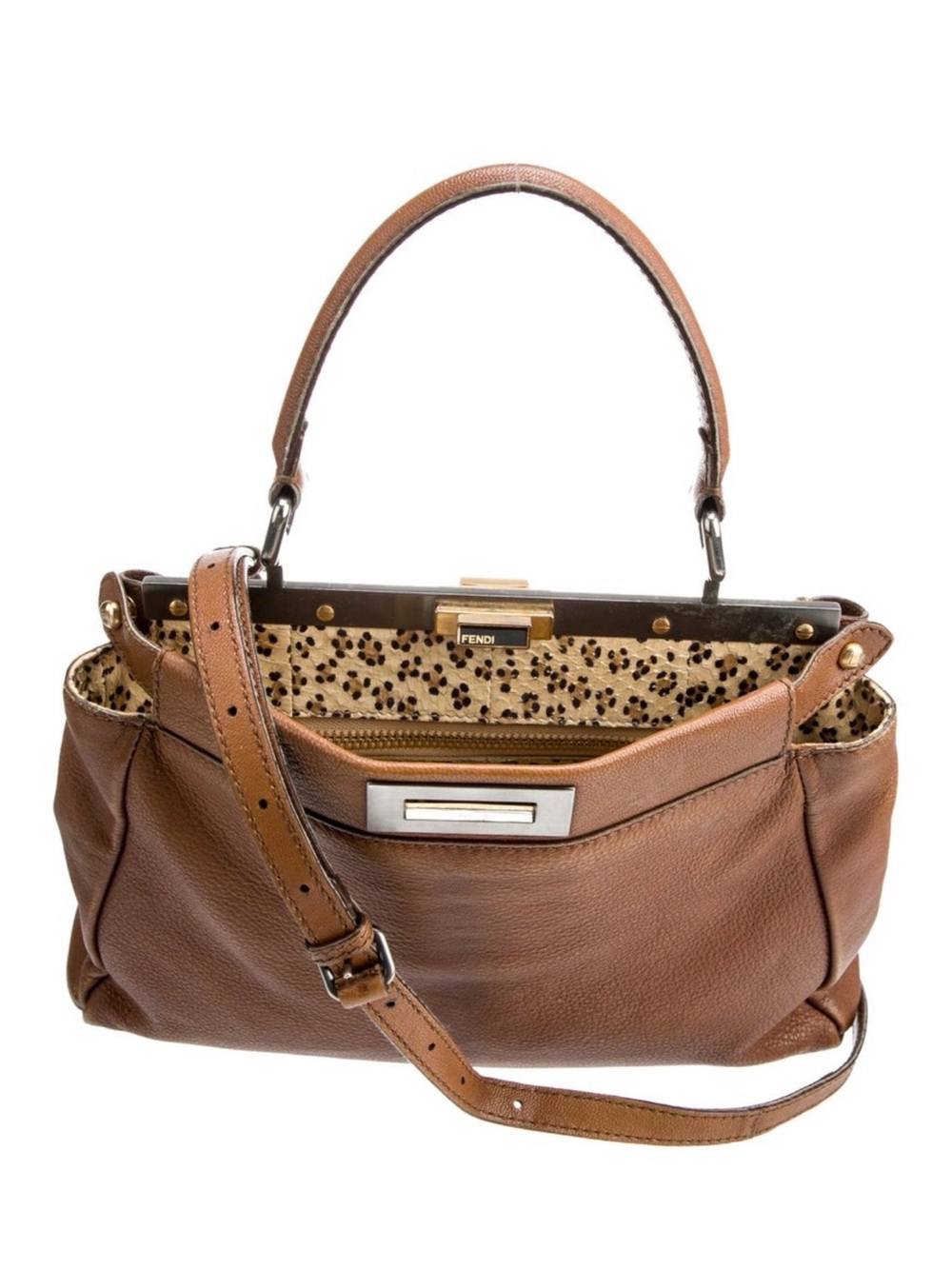 Fendi Brown Leather Peekaboo Medium Satchel with Leopard-Print Flower Interior